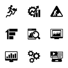 9 progress filled icons set isolated on white background. Icons set with career growth, Productivity, construction works, Priority, Web analytics, statistics, SEO monitoring icons.