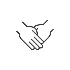 Obraz premium Two hands holding each other line icon. linear style sign for mobile concept and web design. Hands together outline vector icon. Symbol, logo illustration. Vector graphics