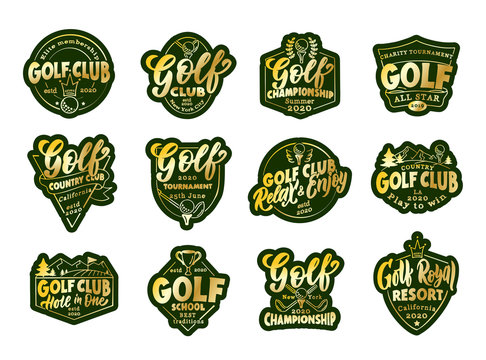 Set of gold stickers, patches. Golf badges, templates, emblems, stamps for Golf club, school