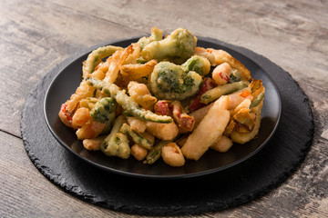 Japanese vegetable tempura on wooden table