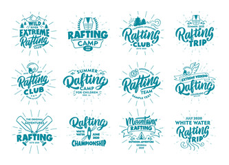 Set of vintage Rafting emblems and stamps. Outdoor adventure badges, templates and stickers for club