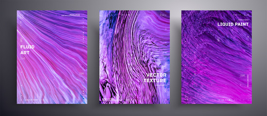 Abstract vector placard, texture pack of fluid art covers. Artistic background that can be used for design cover, poster, brochure and etc. Purple, blue and white universal trendy painting backdrop