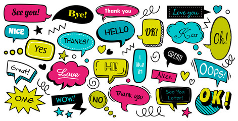 Speech bubbles with text sound. Hand drawn trendy design cartoons elements. Communication tags. Vector illustration doodle colourful text banners set communication clouds, comic cartoon sticker