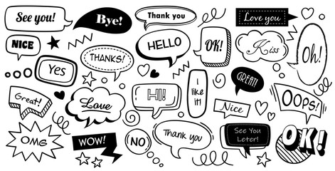 Speech bubbles with text sound. Hand drawn trendy design cartoons elements. Communication tags. Vector illustration doodle colourful text banners set communication clouds, comic cartoon sticker