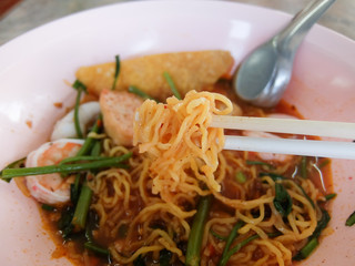 Thai food. Yentafo noodles with shrimp, squid and tofu