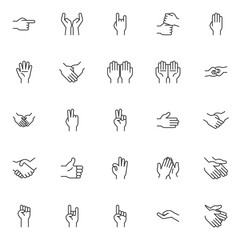 Hands gesture line icons set. linear style symbols collection, outline signs pack. vector graphics. Set includes icons as Praying hands, Rock and roll, Victory, Handshake, Clapping, Index Finger up