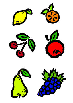 Obst: Zitrone, Orange, Kirsche, Apfel, Birne, Traube