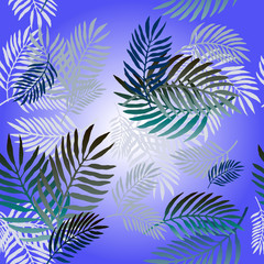 Fototapeta na wymiar seamless pattern with stylized blue and gray palm tree leaves isolated on white background