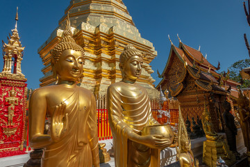 The golden Buddha image with golden pagoda and blue sky background  in the famous temple called Doi Suthep in Chiang Mai , Thailand.  The public area. 