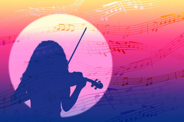 Musical background with notes. Silhouette of a violinist girl playing against the backdrop of sunset or dawn.