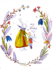 Watercolor card with rabbit mom and son rabbit .  Happy mother`s day!