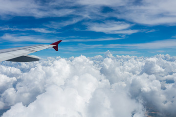 Photo from the window of an airplane. View from above on clouds and the earth. High. Sunny and cloudy day. Photo with telephone. View of the sky.