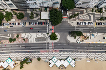 Top View of Copacabana beach with mosaic of sidewalk in Rio de Janeiro