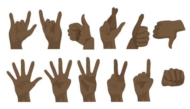 Vector Realistic Black African American Human Hand Gestures In Different Positions. Hands Representing, Interactive Communication, Showing And Pointing