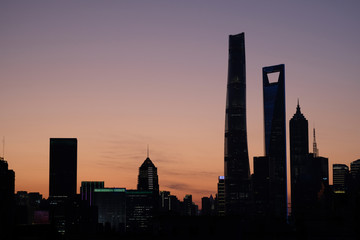 Silhouette of Shanghai Pudong Lujiazui skyline at sunset. Financial center of China