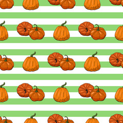 Seamless pattern with hand drawn pumpkins on light green and white striped background