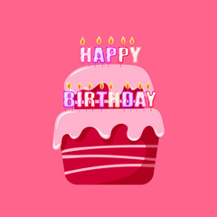 Greeting card. Bright vector illustration of a cake with candles and the inscription Happy Birthday, decorated with beautiful flowers. Baking for window dressing, creating cards and banners.
