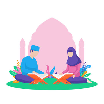 muslim couple reading al quran the holy book of islam together vector flat illustration at peace nature background with floral leaf ornament.