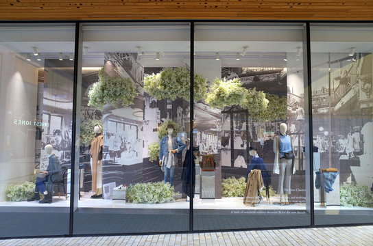 Bracknell, England - February 18, 2020: Fashion clothing in the Spring season window display of Fenwick department store in Bracknell, England