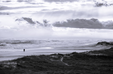 Obraz premium Person alone on Beach with Storm and Crashing Ocean Waves, Black and White Landscape