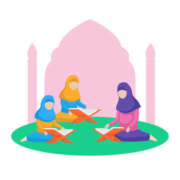 Muslim Teacher Teach Reading Quran The Holy Book Of Islam To Children Vector Flat Illustration At Nature Background With Floral Leaf And Mosque Arch. Ramadan Activity Poster Design.