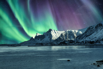 Aurora Borealis, Northern Lights Above of snowy mountain in Lofoten Islands - obrazy, fototapety, plakaty