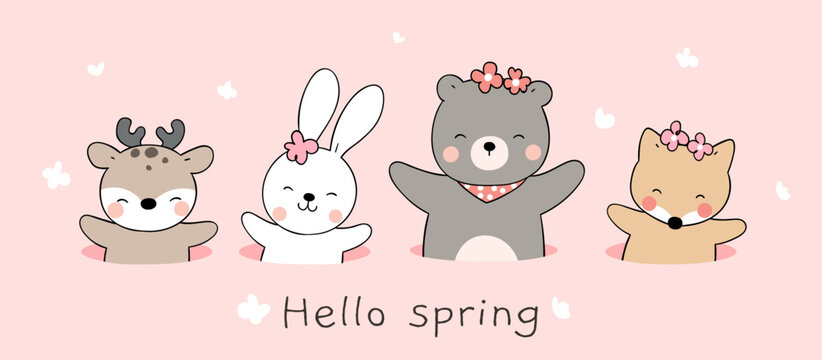 Draw cute animal in hole on pink color For spring.