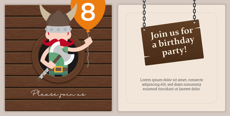 Vector print template birthday party invitation card. On a little viking theme. 8th birthday of Peter.