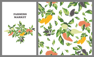 Farmers market banner and seamless pattern with colorful pepper plants for your design