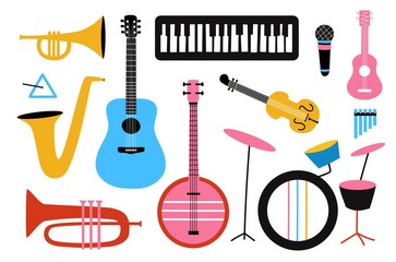 Vector musical icon collection. Isolated set with drums, guitars, wind instruments