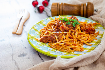 tasty pasta Italian meat sauce pasta on the table