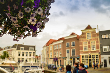 Obraz premium Goes, the netherlands, august 2019. View of the small and pretty harbor. It creeps between the historic houses of the center, along the piers trees and lampposts with planters.