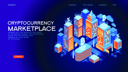 Blockchain technology. Cryptocurrency marketplace of bitcoin mining farm in smart city. Digital cloud network for crypto currency.. Modern 3d isometric vector illustration of web page.  Design concept