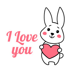 Cute rabbit with a heart. White bunny. I love you. Saint Valentine's day, vector illustration