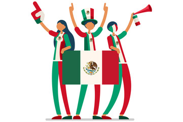Crowd of persons celebrate national day of Mexico with a flag. Mexican people celebrating a football team. Soccer symbol and victory celebration. Sports cartoon symbolic flat vector illustration