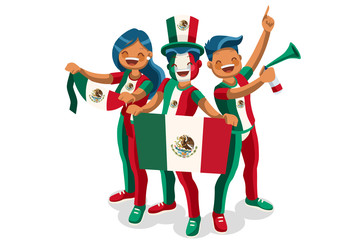 Crowd of persons celebrate national day of Mexico with a flag. Mexican people celebrating a football team. Soccer symbol and victory celebration. Sports cartoon symbolic flat vector illustration