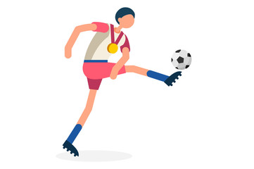 Male person celebrate xxxii summer games athletics medal. Sportive people celebrating soccer team. Footballer athlete symbol on victory celebration. Sports cartoon symbolic flat vector illustration.