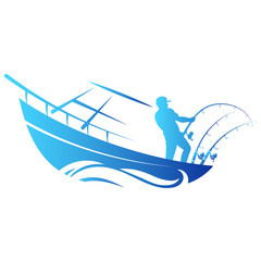 Man with fishing rods on a boat fishing illustration