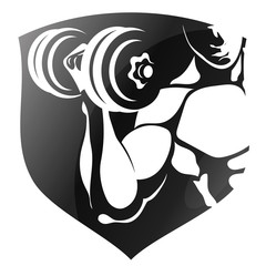 Arm with dumbbell in muscular arm symbol for gym and fitness