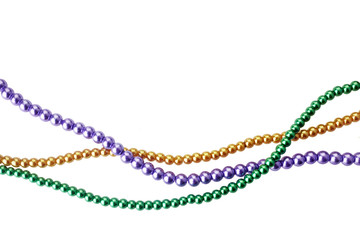 Three colors mardi gras beads for decoration isolated ob white background - obrazy, fototapety, plakaty