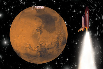 Flying rocket and Mars, outer space. The elements of this image furnished by NASA.