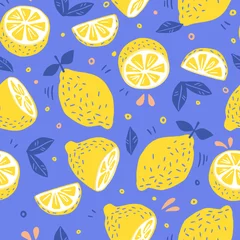 Papier Peint photo autocollant Citrons Motif harmonieux de citrons frais pour le tissu, dessin d& 39 étiquettes, impression sur t-shirt, papier peint de la chambre des enfants, fond de fruits.