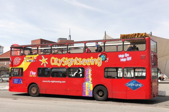 Aarhus, Denmark, July 6, 2017: Aarhus sightseeing bus tour at cruise terminal in Aarhus, Denmark