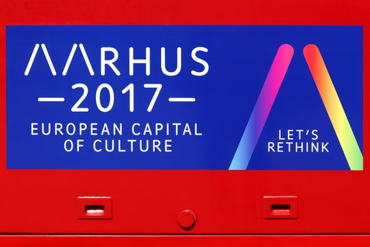 Aarhus, Denmark - July 6, 2017: Aarhus 2017 Sign On A Bus Announcing Aarhus European Capital Of Culture In 2017 