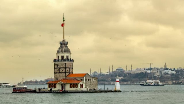 Maiden's Tower in Istanbul. Hagia Sophia and Topkapi Palace in the background. Historical Istanbul landscape cityscape. Time lapse video