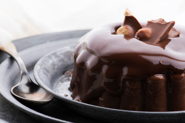 Chocolate pudding with chocolate dressing on a plate
