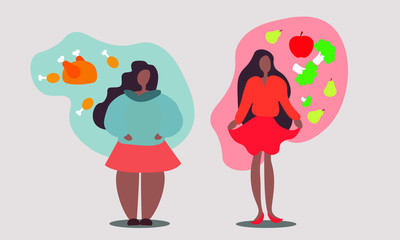  Illustration of two girls and the food of each bottom is shown