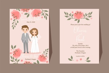 Save the Date.Cute Couple cartoon with floral wedding invitation card template
