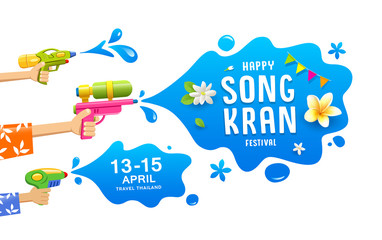 Happy Songkran festival thailand gun in hand water splash collection banners background, vector illustration