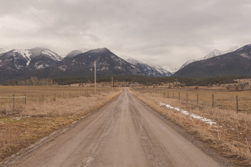 Telephone wires and cattle fencing line an old dirt road heading to a snow capped mountain range